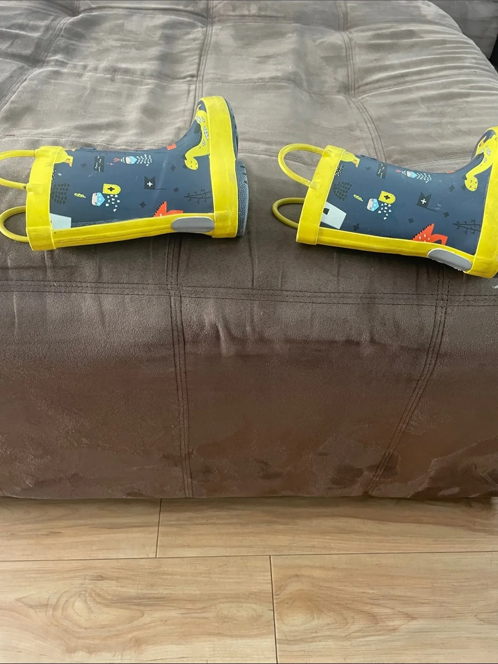 Kids Navy and Yellow Dinosaur Rain Boots with Easy Pull Handles